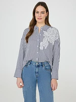 Floral Appliqué Striped Blouse