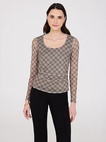 Plaid Scoop Neck Mesh Top