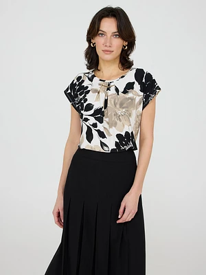 Floral Print Pleated Top With Bar Detail