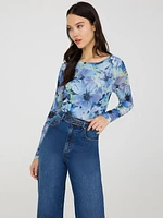 Floral Print Crew Neck Mesh Top