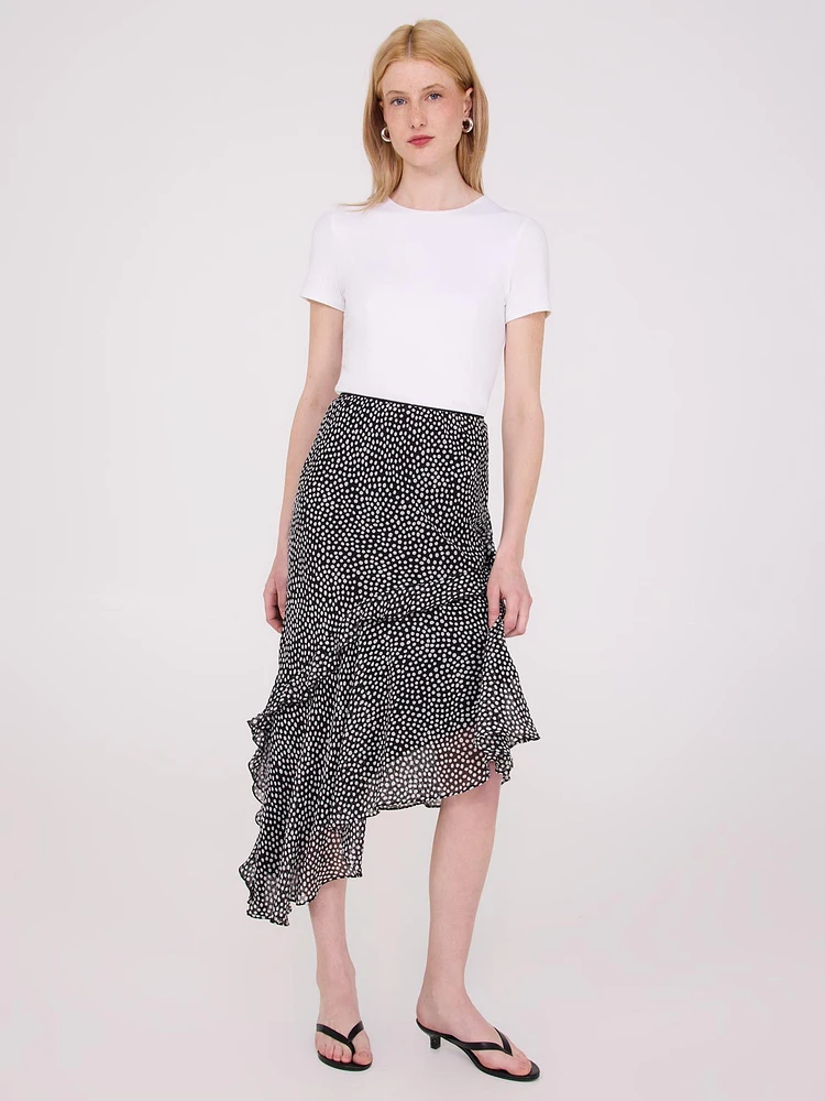 Jupe midi asymétrique imprimée et à volants