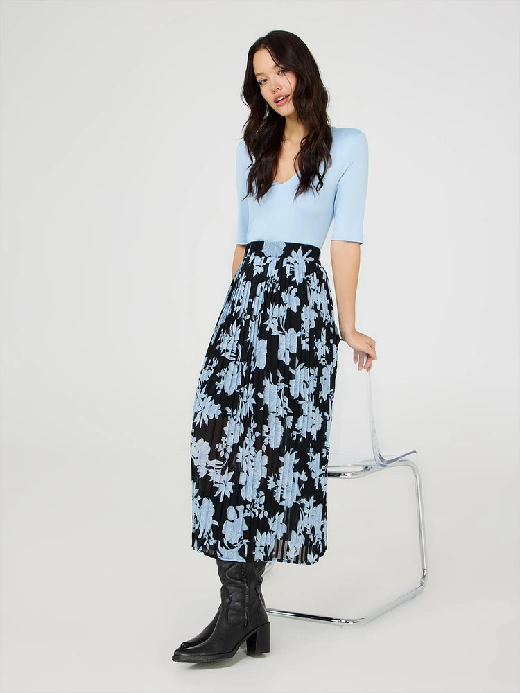 Floral Print Pleated Chiffon Midi Skirt