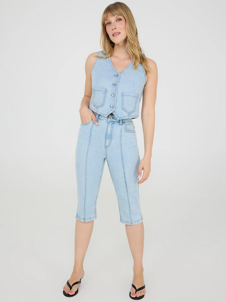 Front Pintuck Denim Capri Pants