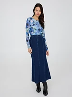 Denim Godet Maxi Skirt