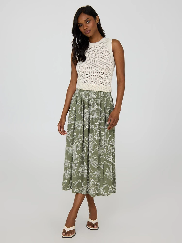 Paisley Crinkle Gauze Midi Skirt With Pockets