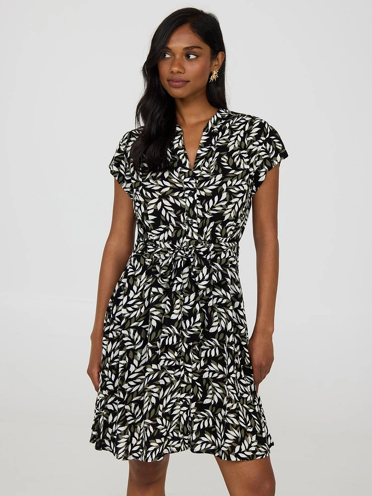 Tropical Print Button-Front Textured Dress