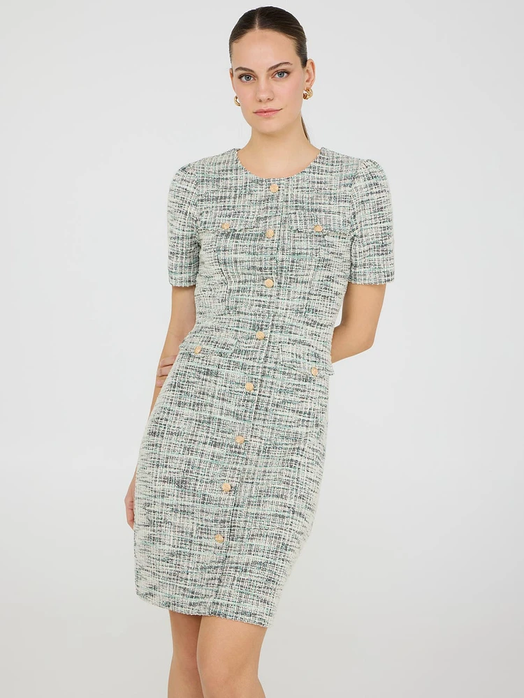 Button-Front Boucle Sheath Dress