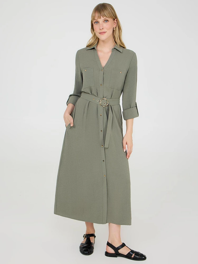 Belted Long Sleeve Midi Shirt Dress