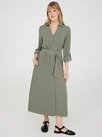 Belted Long Sleeve Midi Shirt Dress