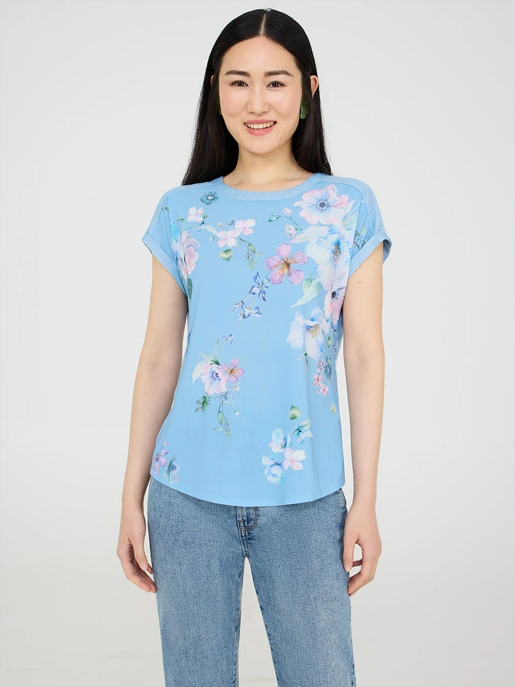 Floral Print Top With Metallic Trim