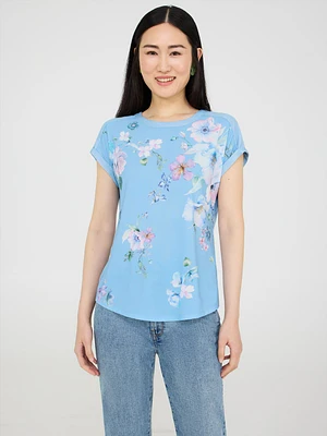 Floral Print Top With Metallic Trim