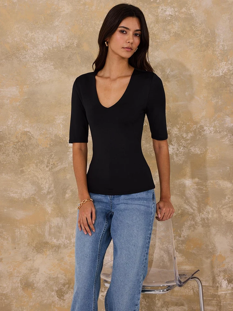 Double Layer V-Neck Elbow Sleeve Top