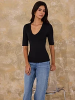 Double Layer V-Neck Elbow Sleeve Top