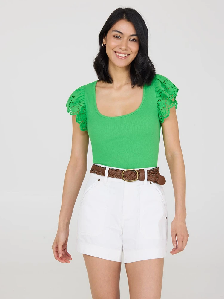 Short Eyelet Flutter Sleeve Top