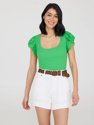 Short Eyelet Flutter Sleeve Top