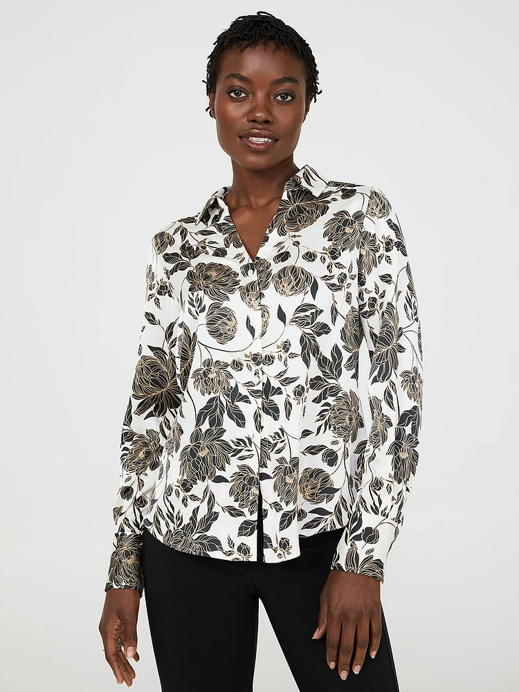 Floral Print Satin Button-Front Blouse