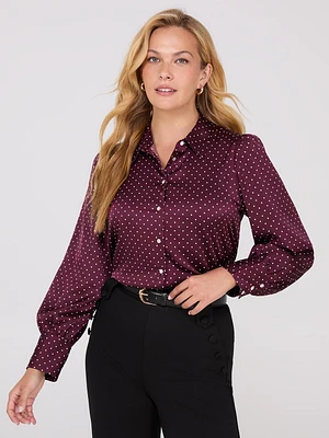 Blouse à pois boutonnée en satin manches volumineuses