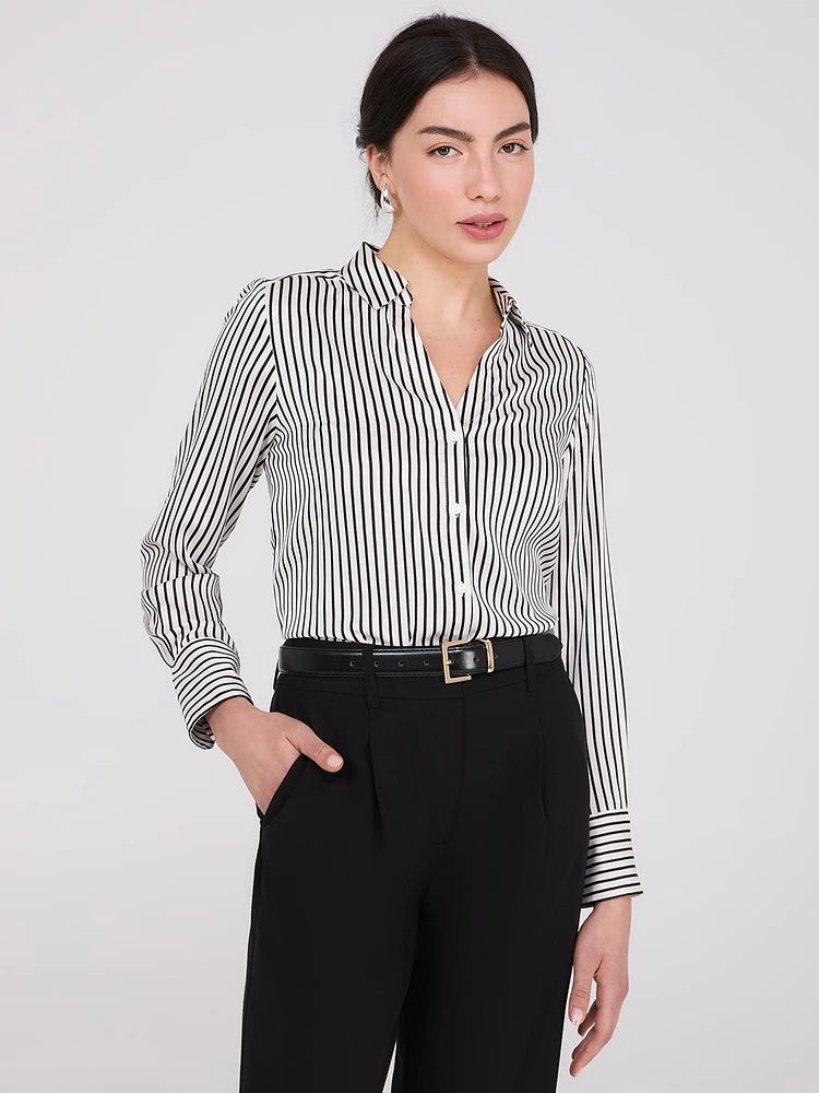 Striped Satin Notch Collar Blouse