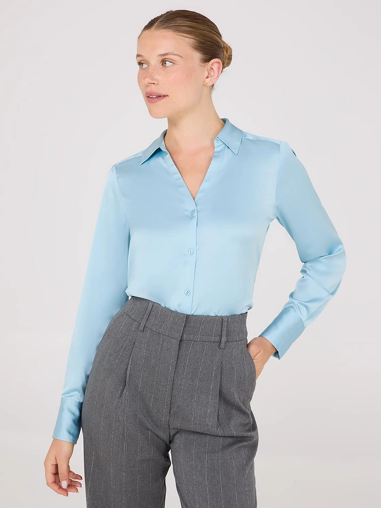 Notch Collar Button-Front Satin Blouse