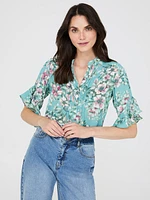 Floral Print 3/4 Ruffle Sleeve Tunic Blouse