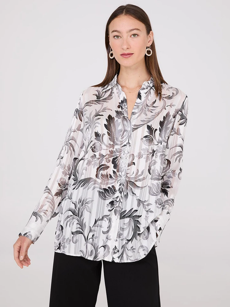 Blouse en chiffon à rayures ombrées métallisées et imprimé floral