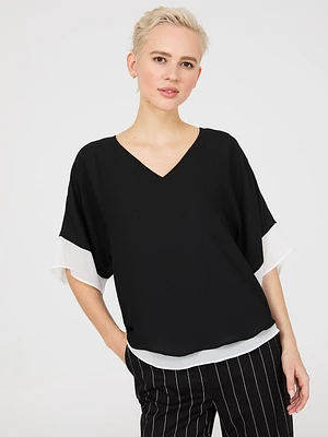 Colour Block V-Neck Dolman Sleeve Top