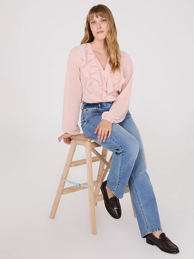 Blouse en chiffon à volants boutonnée sur le devant