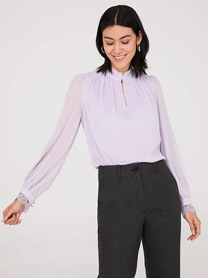 Button-Up Mock Neck Chiffon Blouse