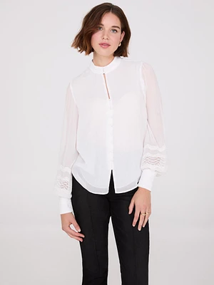 Blouse à manches en dentelle et col mao