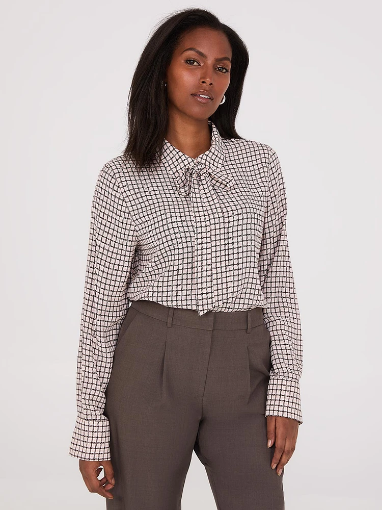 Plaid Button-Front Chiffon Blouse With Removable Tie