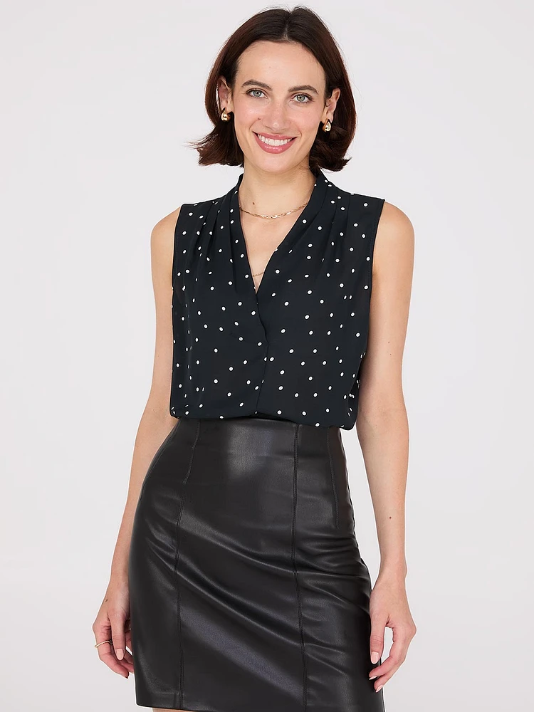 Sleeveless Dot Print V-Neck Blouse