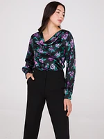 Blouse en satin à imprimé floral et col bénitier