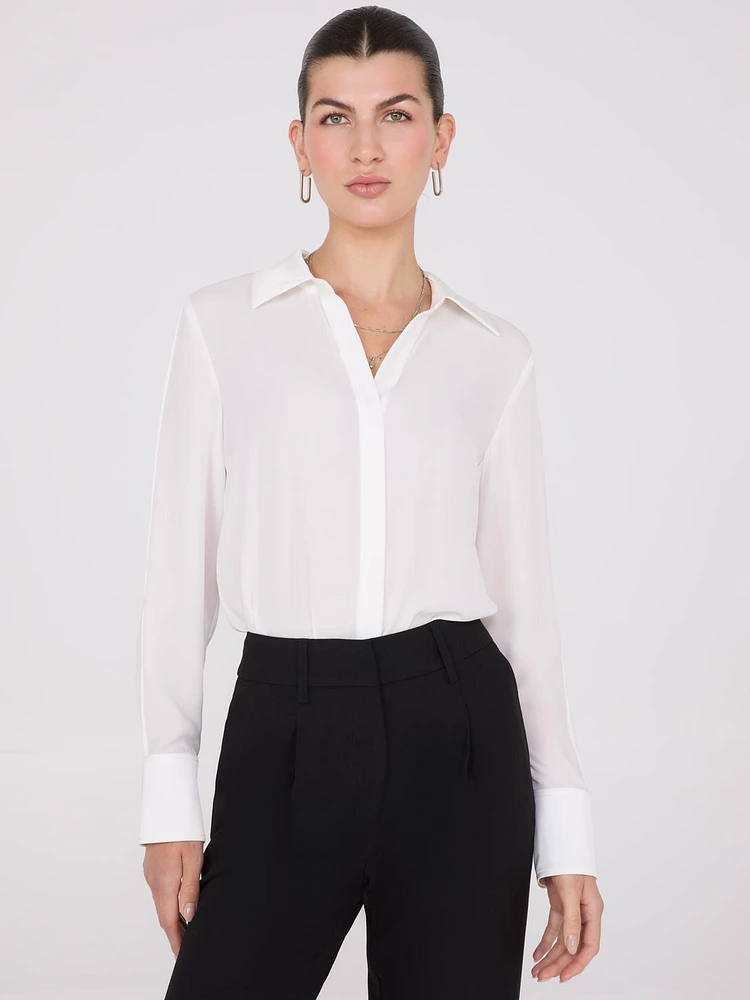 Chiffon Button-Front Blouse With Satin Details