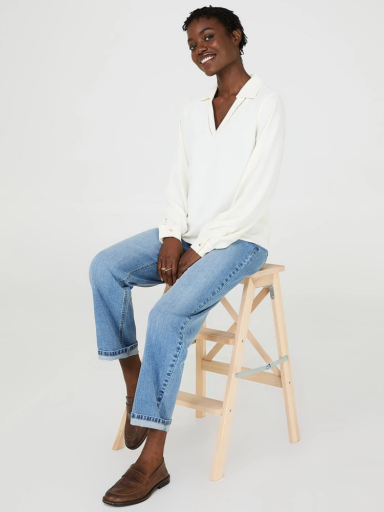 Textured Johnny Collar Popover Blouse