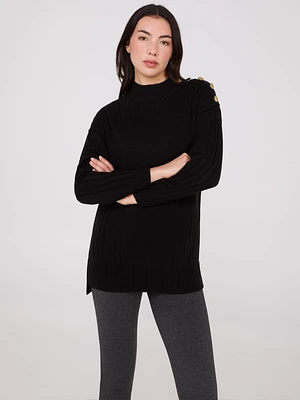 Mock Neck Tunic Sweater With Button Details