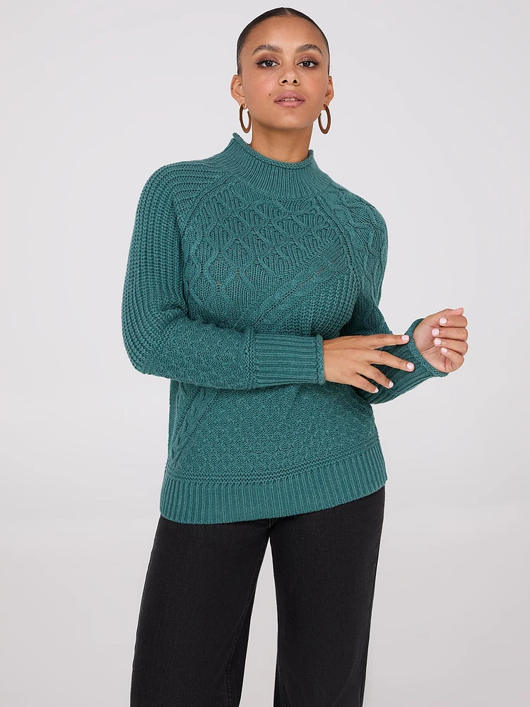 Multi Cable Knit Mock Neck Sweater