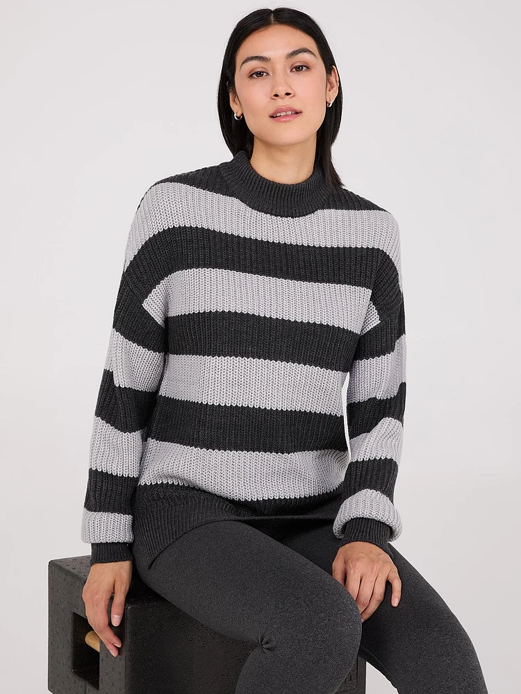 Striped Mock Neck Sweater With Side Slits