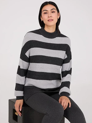 Striped Mock Neck Sweater With Side Slits