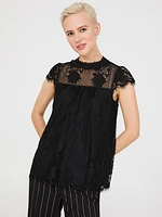 Lace Cap Sleeve Top With Crochet Detail