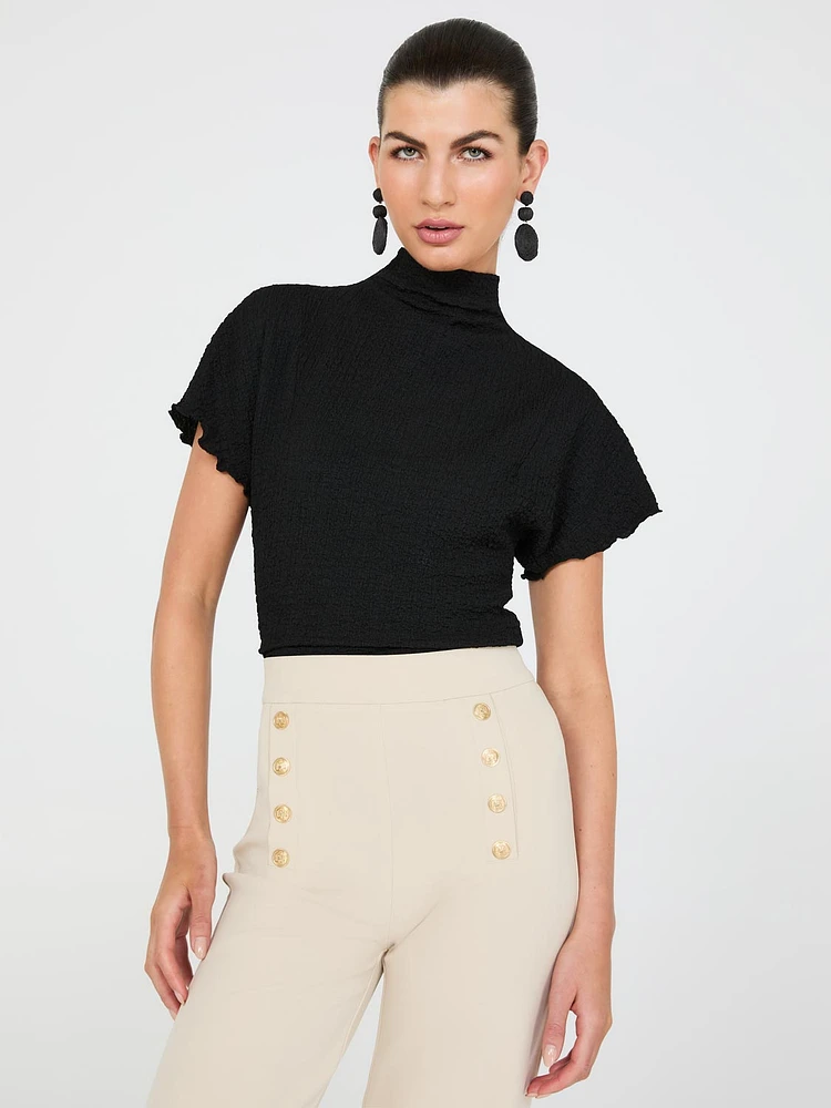 Short Dolman Sleeve Textured Mock Neck Top