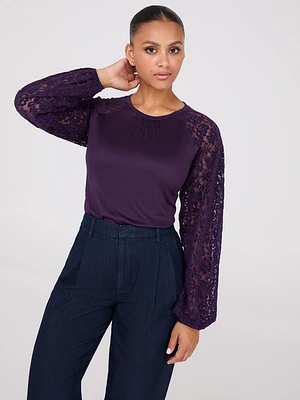 Crew Neck Top With Chenille Lace Sleeves