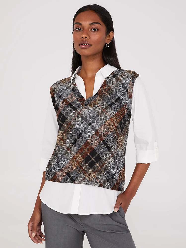 2-Fer Plaid Vest With Blouse