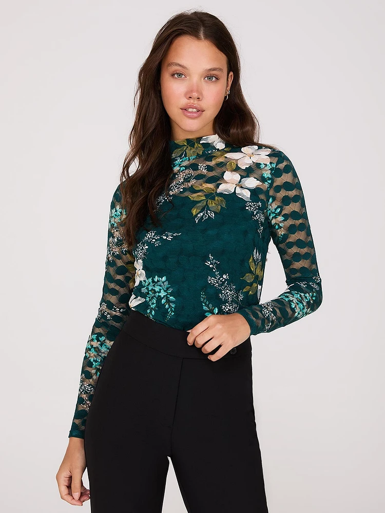 Lace Floral Print Mock Neck Top