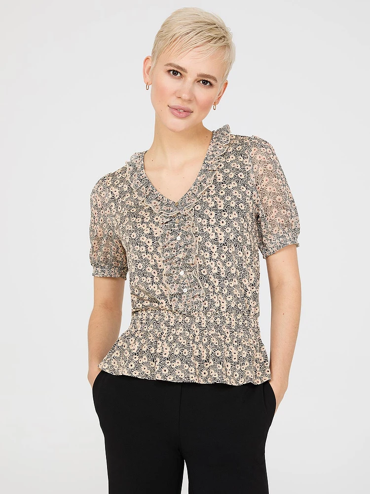 Printed Textured V-Neck Top With Smocked Bottom Band