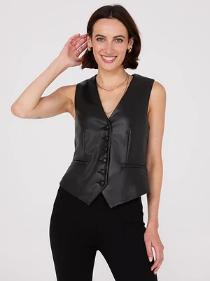 Faux Leather Button-Front Vest