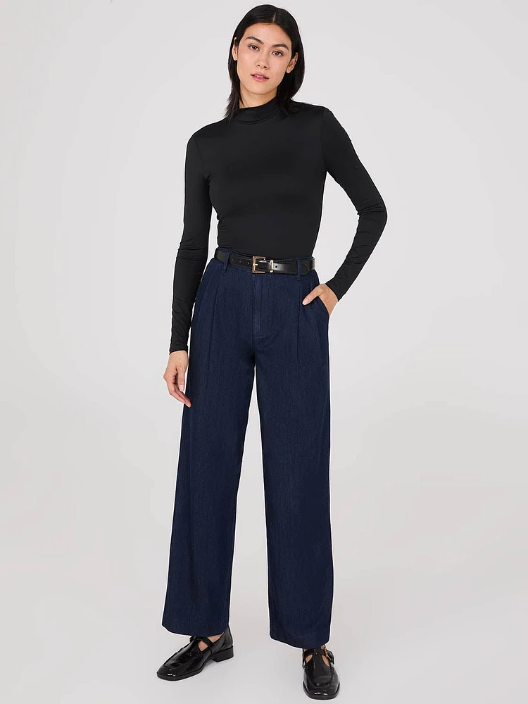 Pantalon plissé en denim à jambe large