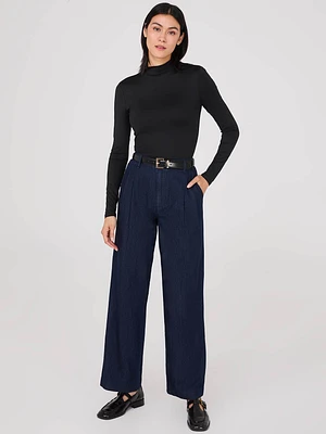 Pleated Wide-Leg Denim Pants