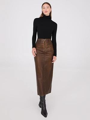 Distressed Faux Leather Maxi Pencil Skirt