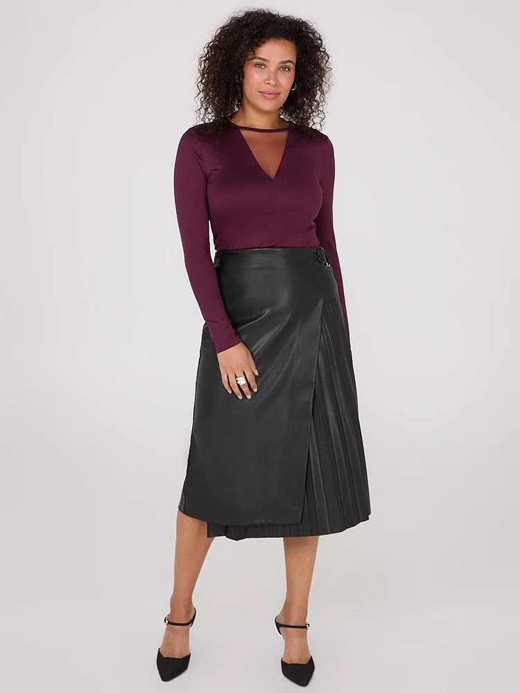 Faux Leather Wrap Midi Skirt