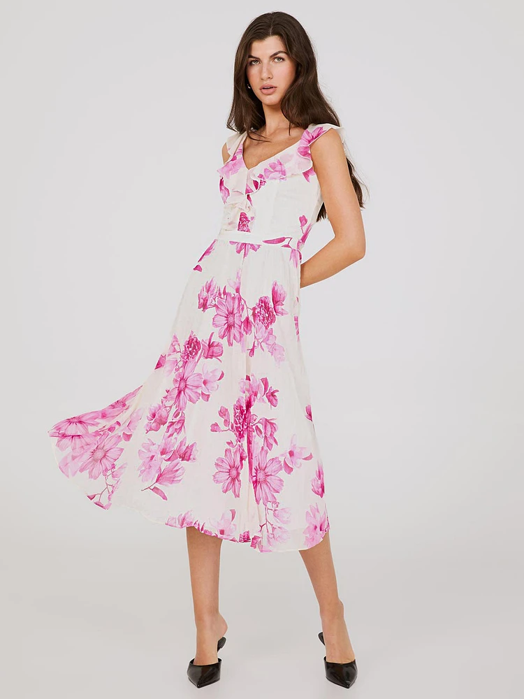 Robe midi en chiffon à volants imprimé fleuri